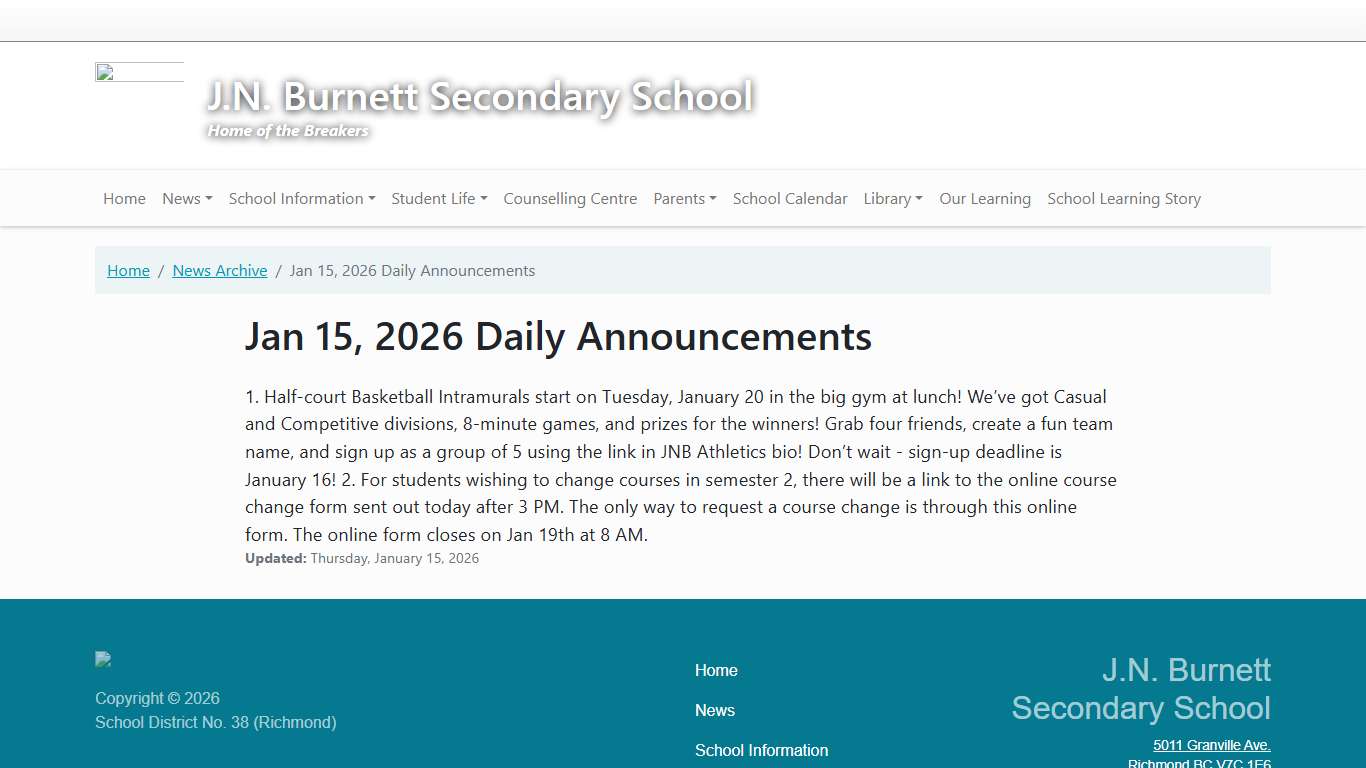 Jan 15, 2026 Daily Announcements J.N. Burnett Secondary School